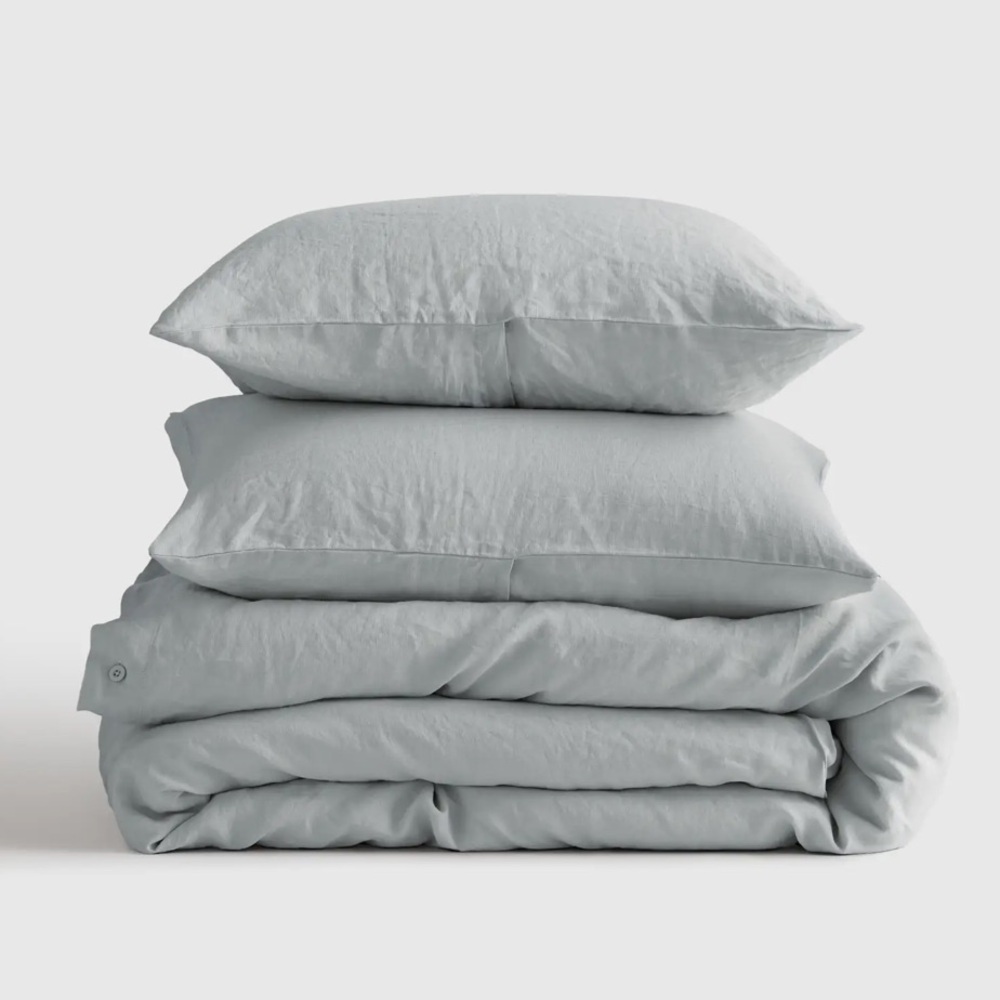 Queen Quince European Linen Duvet Cover Set with box quilted shams